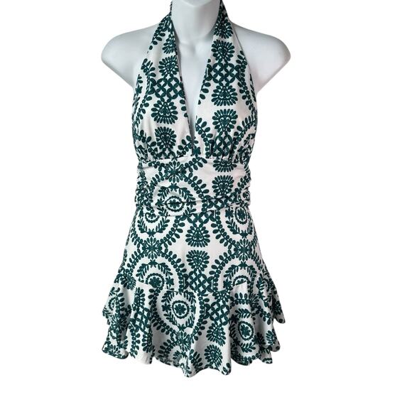 Boho Backless Halter Romper Sz Small White Green Floral Print Ruffle Resort READ - Picture 1 of 16